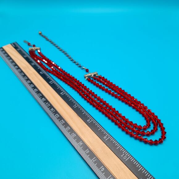Vintage Red Crystal Beaded Necklace, Rhinestone End Bars, 1950s Vintage Jewelry - Picture 9 of 12